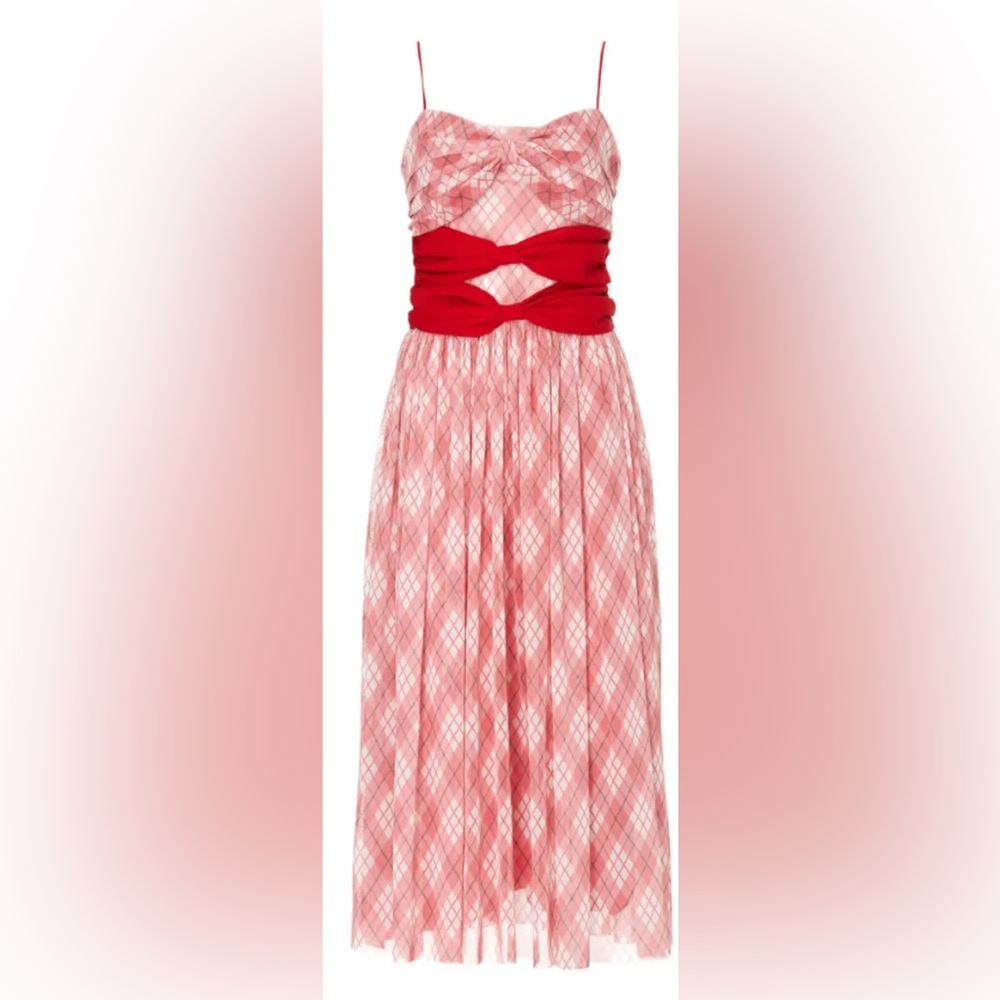 Adam Lippes Red & White Plaid Bow Front Cami Dress/Mesh Midi Dress: Size 8